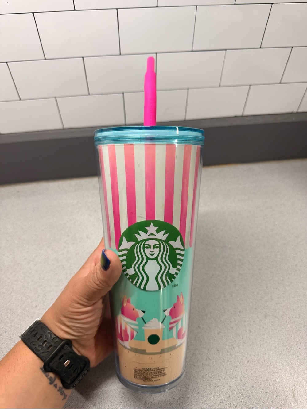 Starbucks Pink, Teal & Green Striped Cold Cup Tumbler Mexico edition